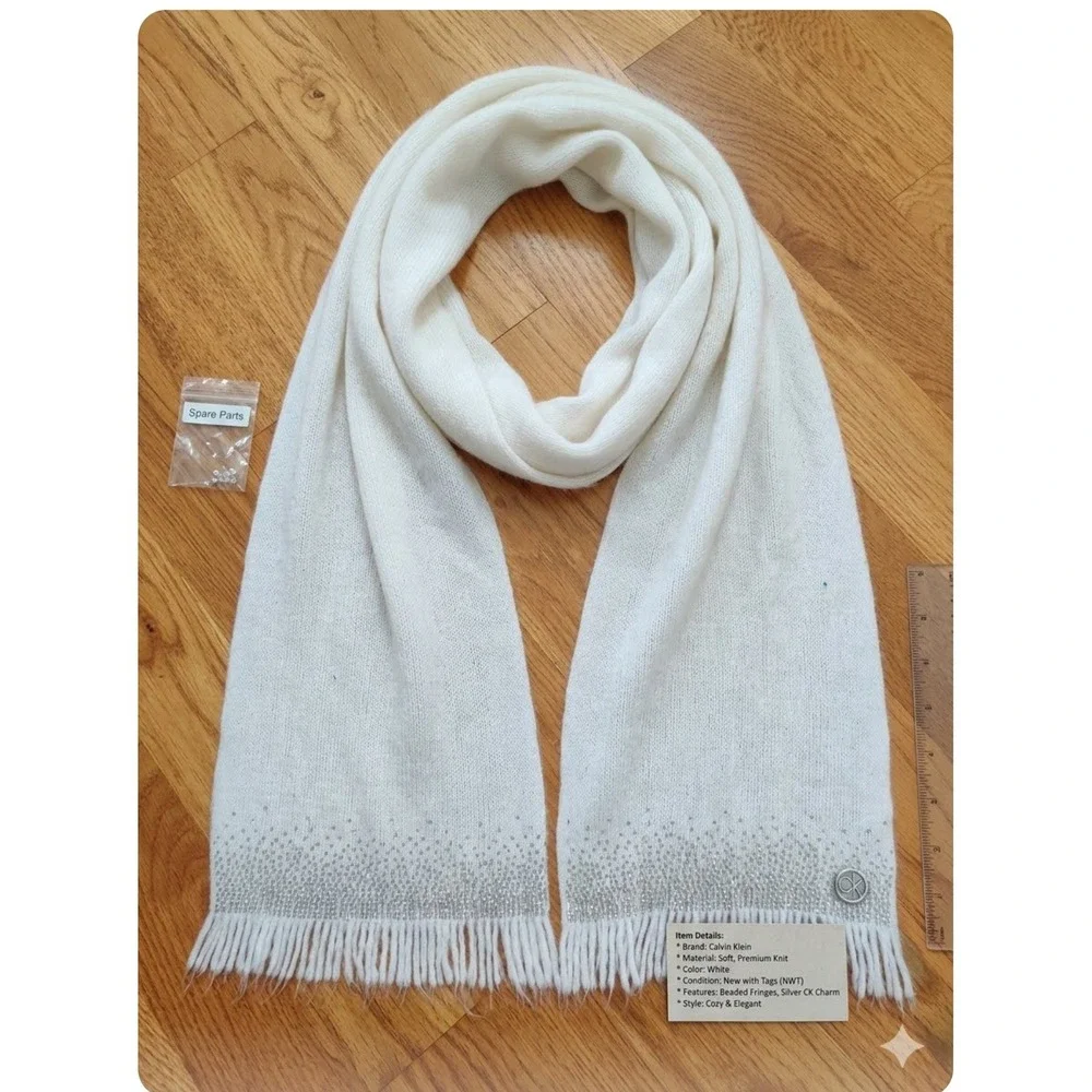 Calvin Klein Womens White Knit Scarf Silver Beaded Fringe Logo Charm NWT